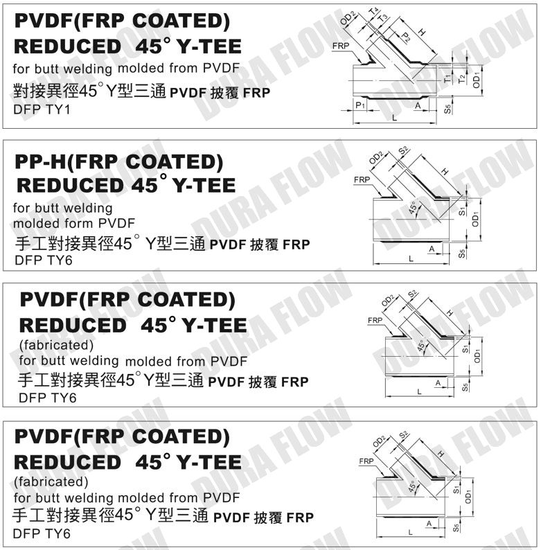 PVDF FRP REDUCED 45 Y- TEE